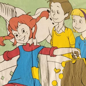 May include: A colourful cartoon illustration of a girl with red hair, a boy with brown hair, a girl with blonde hair, and a white horse. The girl with red hair is wearing a blue and red dress and holding a brown purse. The boy with brown hair is wearing a yellow shirt and the girl with blonde hair is wearing a blue shirt. The illustration is on a green background.