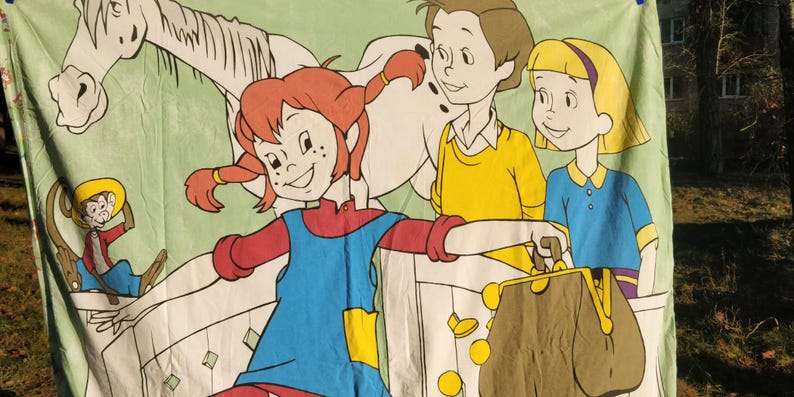 May include: A colourful cartoon illustration of a girl with red hair, a boy with brown hair, a girl with blonde hair, and a white horse. The girl with red hair is wearing a blue and red dress and holding a brown purse. The boy with brown hair is wearing a yellow shirt and the girl with blonde hair is wearing a blue shirt. The illustration is on a green background.