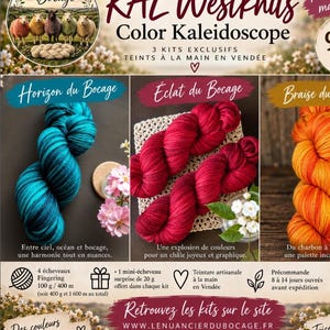 May include: A promotional graphic for Le Nuancier du Bocage featuring three hand-dyed yarn kits: Horizon du Bocage in teal, Eclat du Bocage in deep red, and Braise du Bocage in orange. Includes text details for 4 fingering weight skeins totaling 400g and 1600m, plus a 20g surprise mini-skein.