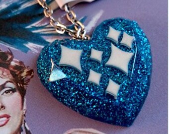 Confetti Lucite Sparkles Heart Blue - Necklace - Mid-Century Modern - Sparkles - Glitter Heart - Retro Jewelry - Pinup - Glitter Paradise®