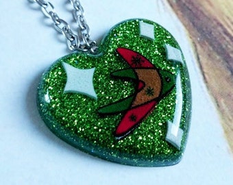 Confetti Lucite Atomic Boomerang  Green - Necklace - Confetti Lucite - Retro - Mid-Century Modern - Heart Necklace - Glitter Paradise®