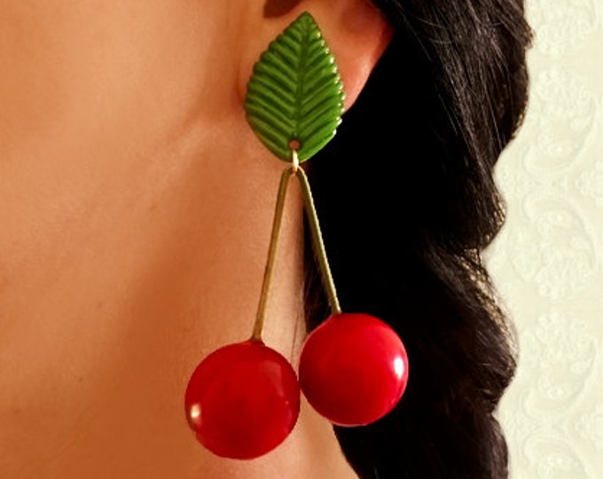 Cherry & Leaf - Earrings - Cherries - Cherry Earrings - Retro Pinup - Rockabilly - 50s - 60s - Pin-up Jewelry - Fruit - Glitter Paradise®