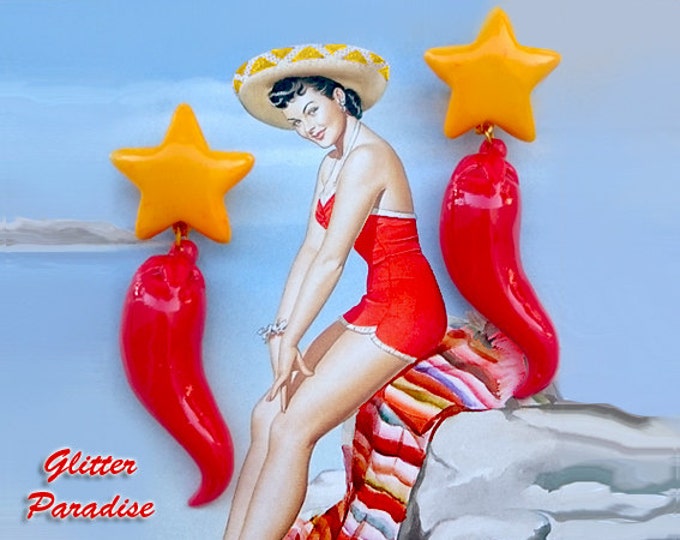 Estrella & Chili - Earrings - Piment Rouge - Vert - Hot - Chili - Pinup Mexicaine - Vintage Mexicana - Retro Mexico - Glitter Paradise®