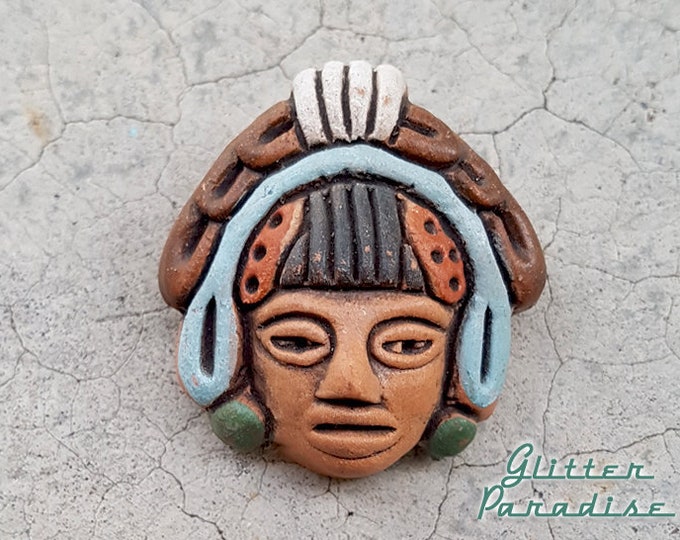 Aztec Mayan Clay Head  Repro - Brooch - Terracotta Red Clay - Primitive Aztec Sculpture - Pre Columbian Reproduction - Glitter Paradise®