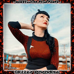 May include: A woman with dark hair and red lipstick is wearing a red and black patterned sweater with black suspenders. She is looking up at the sky. The text "MAMZELLE GO DE LA PAMPA" is at the top of the image.