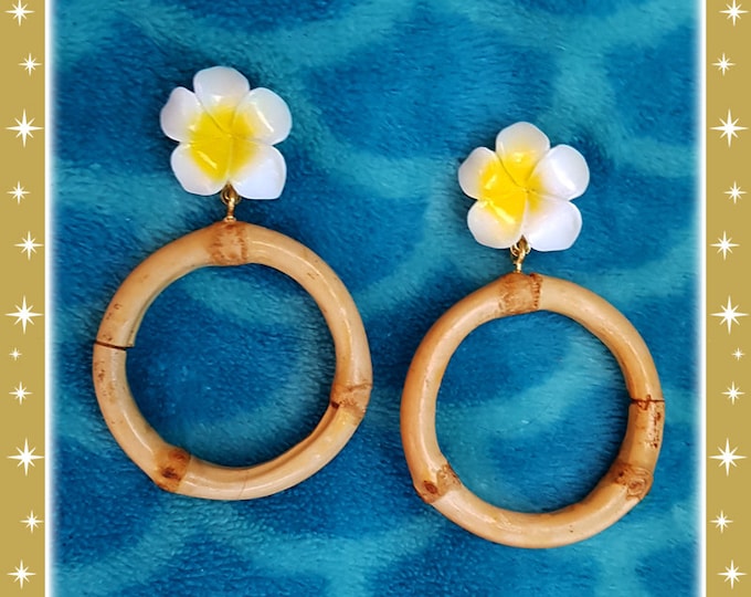 Bamboo & Plumeria Hoops - Earrings - Bamboo Hoops Earrings - Vintage Exotica Style - Hula Pinup Girl - Bamboo Jewelry - Glitter Paradise®
