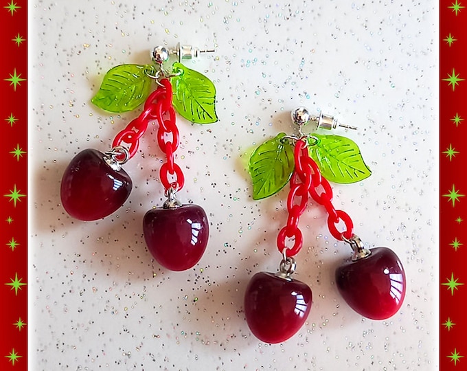 30s Celluloid Style Cherries - Earrings - Cherry Jewelry Set - Cherry Earrings - Cherry Earrings - 30s Vintage Celluloid - Glitter Paradise®