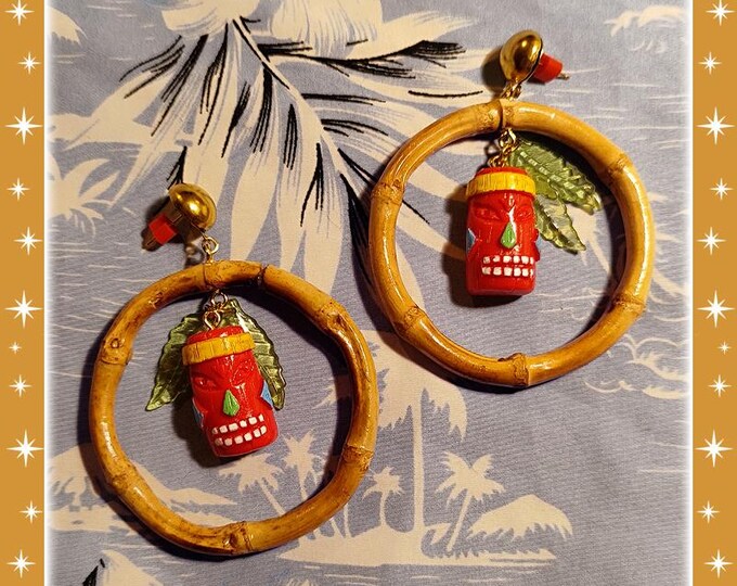 Bamboo & Rainbow Tiki - Earrings - Bamboo Earrings - Bamboo Hoops - Bamboo and Tiki Hoops - Tiki Earrings - Tiki Jewelry - Glitter Paradise®