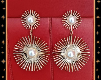 Double Sunburst and Pearls - Earrings - Mid-Century Modern - Sunburst Mirror - Mid-Century - Sun Mirror - San Franciscan - Glitter Paradise®