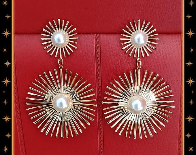 Double Sunburst and Pearls - Earrings - Mid-Century Modern - Sunburst Mirror - Mid-Century - Sun Mirror - San Franciscan - Glitter Paradise®