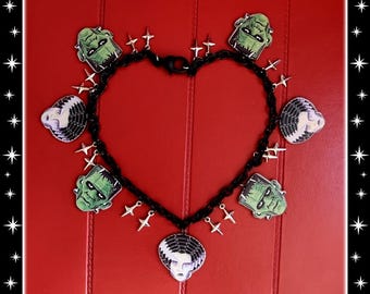 The Creature and The Bride - Necklace - Classic Monsters - Frankenstein - 1950s Retro Vintage Classic Monsters - Monster - Glitter Paradise®