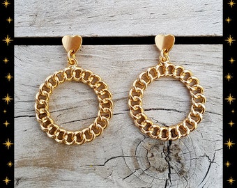 Retro Chain Hoops Love - Earrings - Retro Hearts - Hearts - Vintage Inspired - Retro Hoops - Heart Jewelry - Gold Hoops - Glitter Paradise®