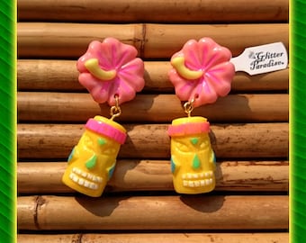 Tiki Rainbow & Hibiscus - Earrings - Tiki Jewelry - Aloha - Tiki Oasis - Hula Girl - Vintage Exotica - Totem - Tropical - Glitter Paradise®