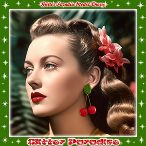 Cherry & Leaf Earrings Cherries Cherry Earrings Retro Pinup Rockabilly Jewelry Cherry Jewelry Red Cherries Glitter Paradise® image 2