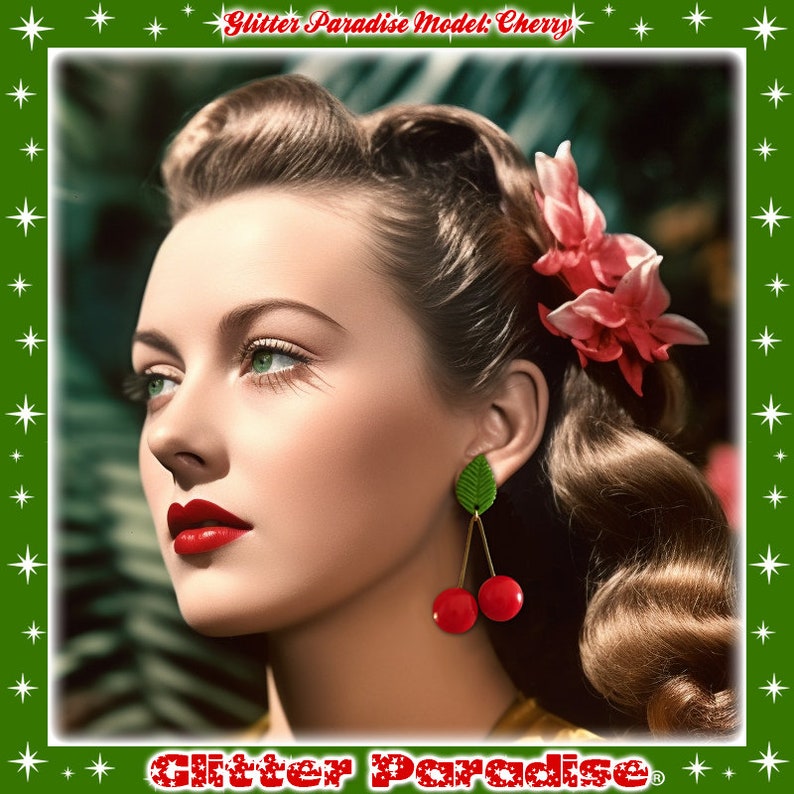 Cherry & Leaf Earrings Cherries Cherry Earrings Retro Pinup Rockabilly Jewelry Cherry Jewelry Red Cherries Glitter Paradise® image 2