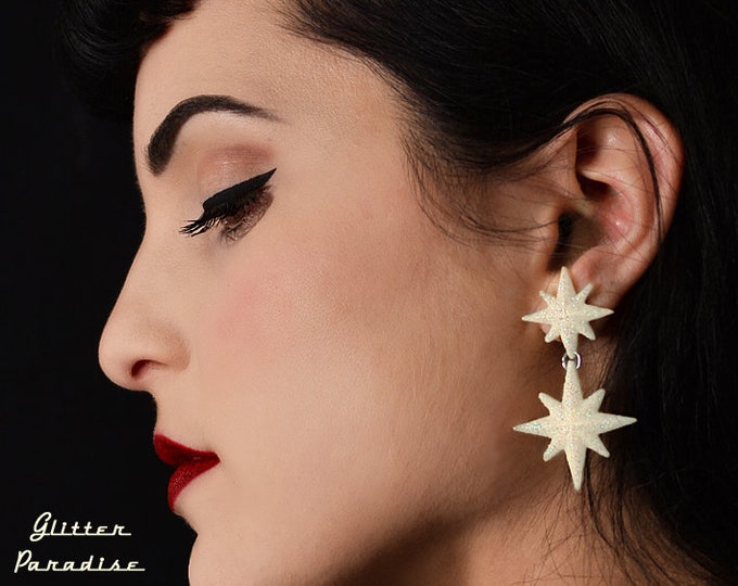 Double Winter Starlite - Earrings - Retro Star Jewelry - Stars - Starburst - Motel Starlite - 1950s - Mid-Century Modern - Glitter Paradise®