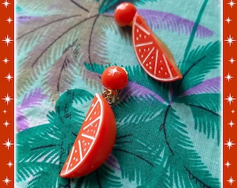 Sunny Zest - Earrings - Citrus Wedges - Vintage Exotica - Orange Quarter Wedge Earrings - 50s Orange Lemon Lime Earrings - Glitter Paradise®
