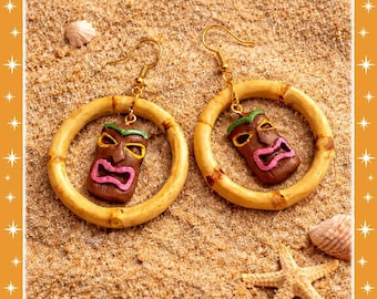 Bamboo Hoop and Tiki - Earrings - Natural Root Earrings with Tiki Charm - Aloha 50's Tiki Style - 1950s Vintage Exotica - Glitter Paradise®