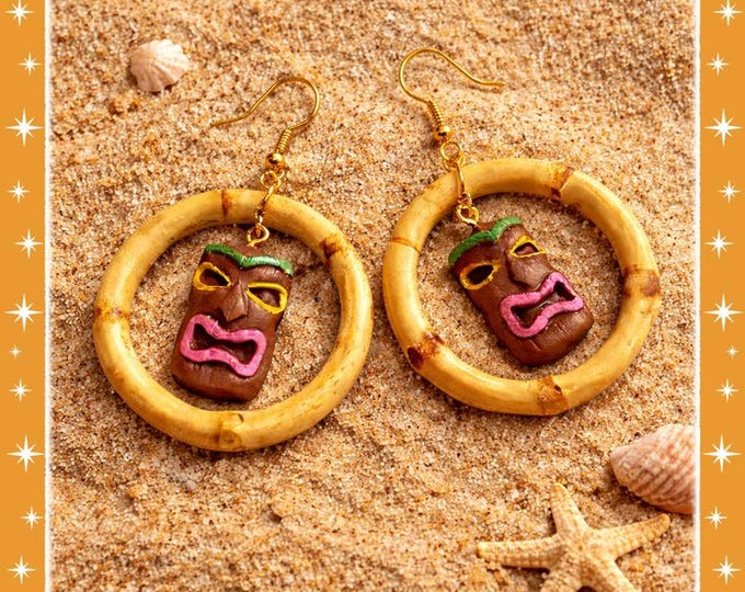 Bamboo Hoop and Tiki - Earrings - Natural Root Earrings with Tiki Charm - Aloha 50's Tiki Style - 1950s Vintage Exotica - Glitter Paradise®