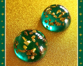 Fakelite Dômes Mint & Gold - Earrings - Gold Flakes Domes - 1950s Gold Flakes - Confetti Lucite - Retro Clip-on Earrings - Glitter Paradise®