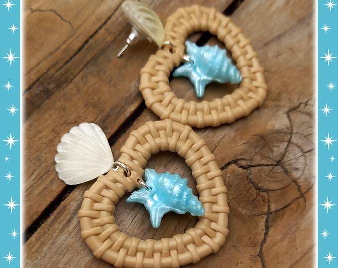 Rattan Love Seashell - Earrings - Rattan Raffia Jewelry - Heart Earrings - Sea Summer Earrings - 1950s Seashell Earrings - Glitter Paradise®