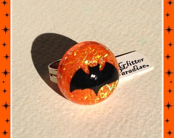 Lucite Pumpkin Bat - Ring - 50s Witch Jewelry - Spooky Bat - Retro Halloween - 1950s Halloween Bat Ring - Ghoul Jewelry - Glitter Paradise®