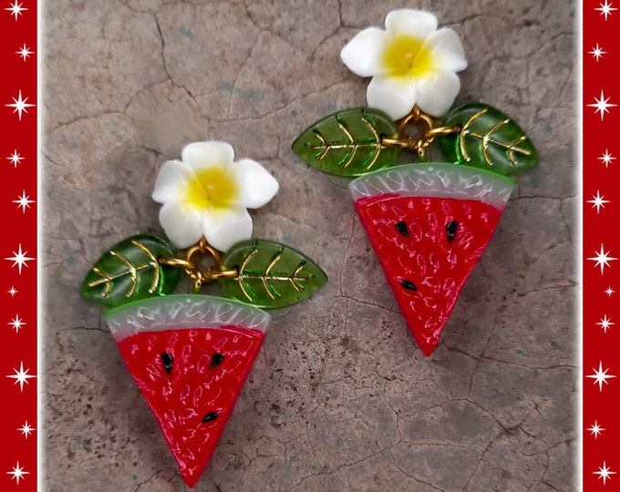 Hawaiian Watermelon - Earrings - Tropical - Carmen Miranda - Plumeria Jewelry - Vintage Exotica - Tutti Frutti - Retro - Glitter Paradise®