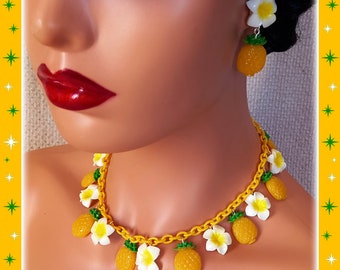 30s Celluloid Style Ananas & Plumeria - Schmuck Set - Ananas Ohrringe - Ananas Kette - 30s Vintage Celluloid - Glitter Paradise®