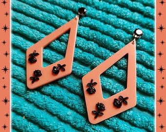 Black Rose Kite - Earrings - Mid-Century Modern Style - Black Roses Earrings - Black Rose Jewelry - Retro Kite Earrings - Glitter Paradise®