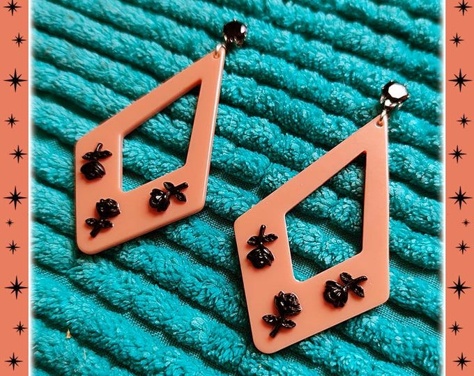 Black Rose Kite - Earrings - Bijoux Mid-Century Modern - Black Roses Earrings - Black Rose Jewelry - Retro Kite Earrings - Glitter Paradise®