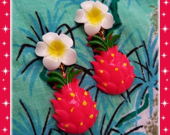Hawaiian Dragon Fruit Earrings: Vintage Tropical Exotica, 55mm