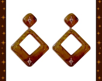Atomic Square Hoop Earrings: Tortoise Shell Retro Jewelry