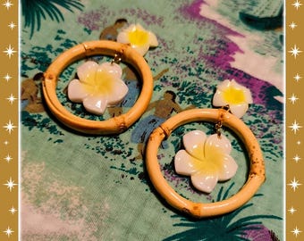 Bamboo Hoops and Double Frangipani - Earrings - Bamboo Hoops - Bamboo and Frangipani Earrings - Frangipani Jewelry - Glitter Paradise®