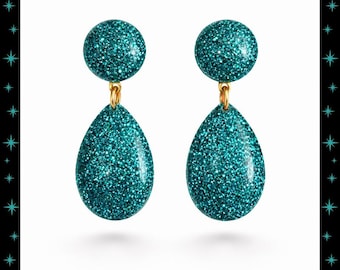 Baby Lucite Dome & Teardrop  - Earrings - Confetti Lucite - Glitter Earrings - Retro Hoops - Pinup Hoops - 1950 Jewelry - Glitter Paradise®