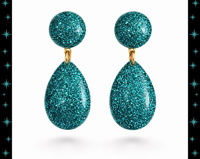 Baby Lucite Dome & Teardrop  - Earrings - Confetti Lucite - Glitter Earrings - Retro Hoops - Pinup Hoops - 1950 Jewelry - Glitter Paradise®