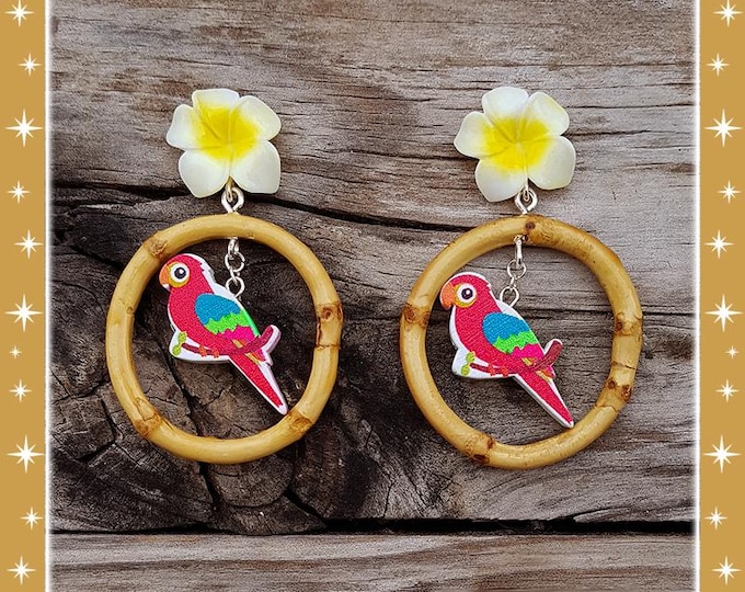 Bamboo Hoops and Parrots - Earrings - Bamboo Hoops Earrings - Vintage Exotica Style - Parrots Earrings -  Bamboo Jewelry - Glitter Paradise®