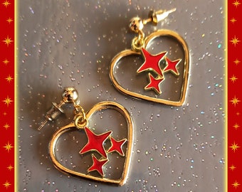 Retro Heart Earrings: Red Star Sparkle, Handmade in France