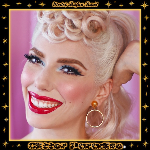 Boucles D'oreilles Rondes Résine Paillettes Dorées – Style Rétro Pinup