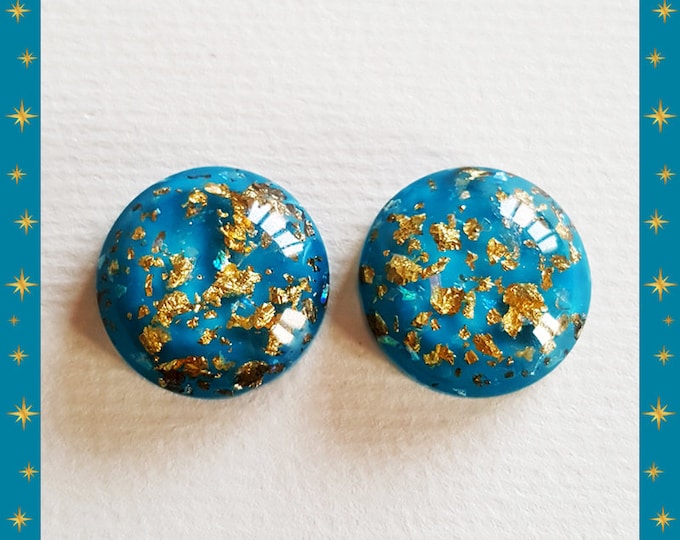 Gold Flakes Dômes Blue - Earrings - 1950's Retro Gold Flakes - Vintage Inspired Gold Flakes Jewelries - Blue & Gold - Glitter Paradise®
