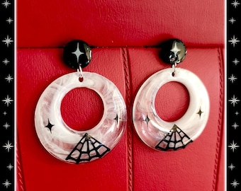 Smoky Spider Web Hoops - Earrings - Retro Hoops & Domes - Gothic Hoops - Vintage Gothic - Retro Black and White Hoops - Glitter Paradise®