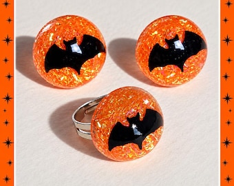 Lucite Pumpkin Bat - Set - 50s Witch Jewelry - Spooky - Set Retro Halloween - 1950s Halloween Earrings - Ghoul Jewelry - Glitter Paradise®