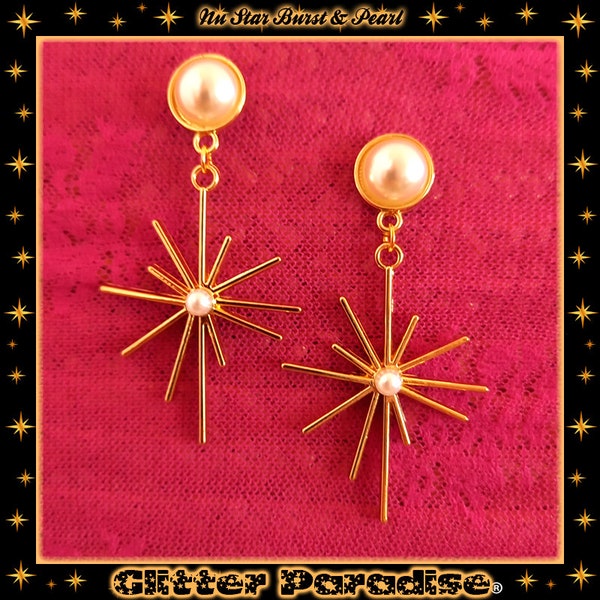 Star Burst Pearl Earrings: Mid-Century Modern Sun Ray Design