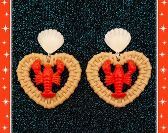 Rattan Love Lobster – Ohrringe – Rattan-Bast-Schmuck – Herz-Ohrringe – Meer-Sommer-Ohrringe – 50er-Jahre-Ohrringe mit rotem Hummer – Glitter Paradise®