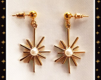Star Burst & Pearl - Boucles d&#39;Oreilles - Mid-Century Modern - Miroir de Sorcière - Soleil - San Franciscan - Glitter Paradise®