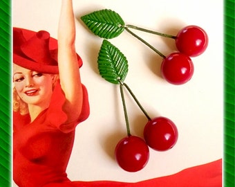 Cherry & Leaf - Earrings - Cherries - Cherry Earrings - Retro Pinup Rockabilly Jewelry - Cherry Jewelry - Red Cherries - Glitter Paradise®