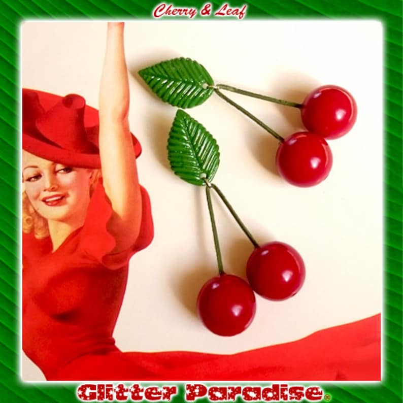 Cherry & Leaf Earrings Cherries Cherry Earrings Retro Pinup Rockabilly Jewelry Cherry Jewelry Red Cherries Glitter Paradise® image 1