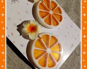 Citrus & Plumeria - Boucles d'Oreilles - Bijoux Orange - Vintage Exotica - Bijoux Agrumes - Fleur de Tiaré - Glitter Paradise®