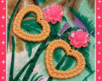 Rattan Love Peony - Boucles d'Oreilles - Bijoux Pivoine rose - Bijoux en Raphia Rotin - Boucles d'oreilles Pivoine Rose - Glitter Paradise®