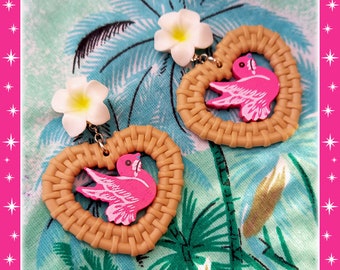 Rattan Love Bird - Earrings - Rattan Raffia Jewelry - Heart - Vintage Exotica - Bird Sparrow Earrings - Rattan Jewelry - Glitter Paradise®