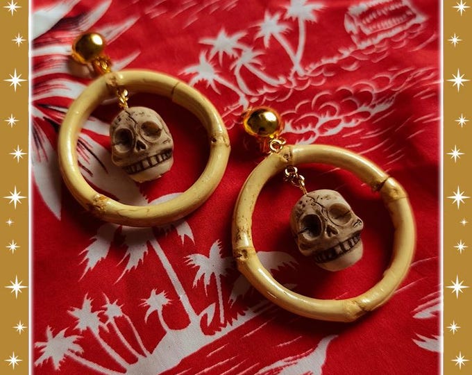 Bamboo Hoops and Skull - Earrings - Bamboo Earrings - Bamboo Hoops - Bamboo and Skull Earrings - Exotica Skull Jewelry - Glitter Paradise®